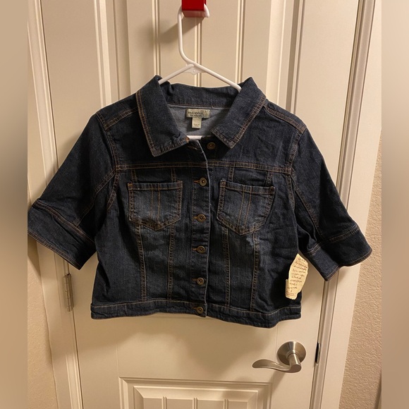 NWT One World Jean Jacket L Crop Half Sleeve Stretch Blue Denim Large Lg Jeans - Picture 1 of 9
